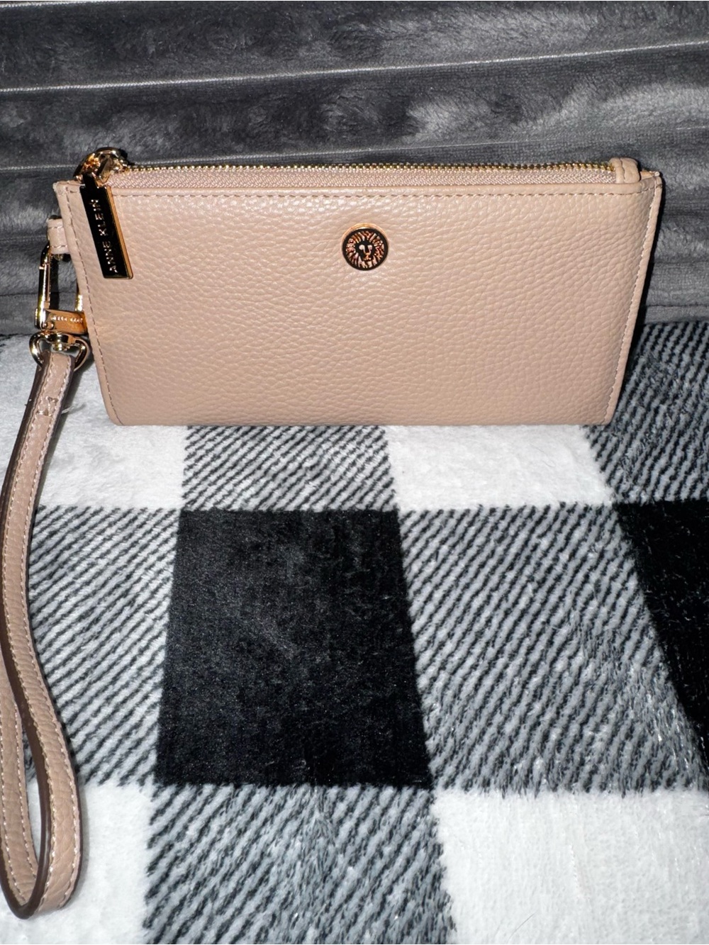 Anne Klein Beige Pebbled Leather Wristlet Wallet with Gold Hardware